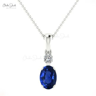 Dainty Diamond 2 Stone Pendant With 0.47 Ct Blue Sapphire 14k Solid Gold Women Necklace