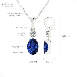 Dainty Diamond 2 Stone Pendant With 0.47 Ct Blue Sapphire 14k Solid Gold Women Necklace