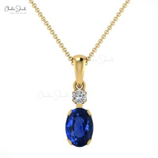 Dainty Diamond 2 Stone Pendant With 0.47 Ct Blue Sapphire 14k Solid Gold Women Necklace