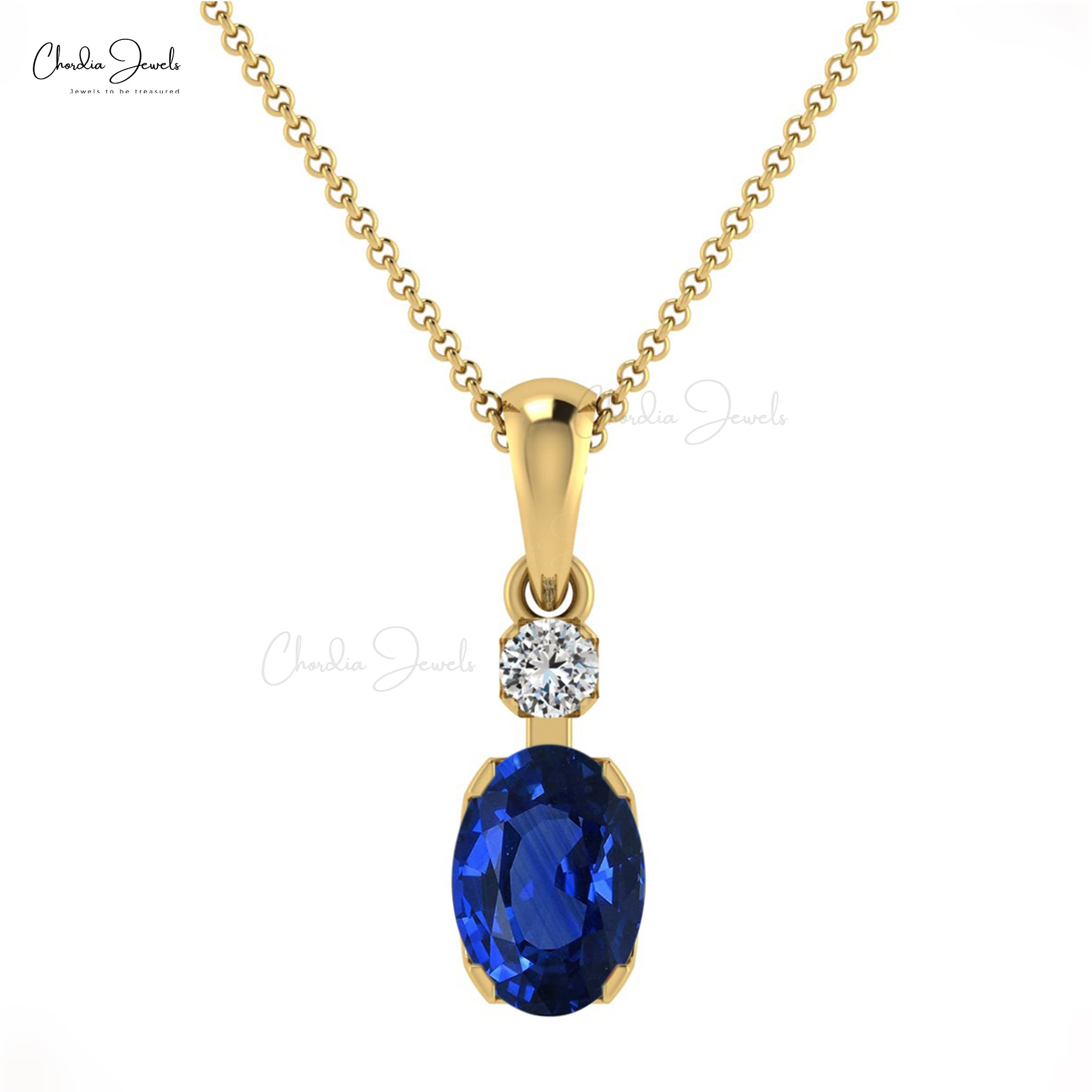 Dainty Diamond 2 Stone Pendant With 0.47 Ct Blue Sapphire 14k Solid Gold Women Necklace