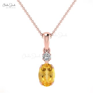 Genuine Citrine 7x5mm Gemstone And G-H Diamond 2 Stone Pendant in 14k Solid Gold