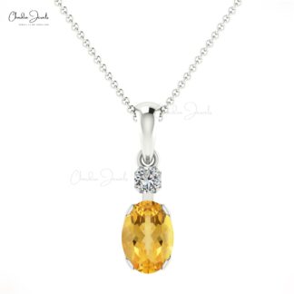 Genuine Citrine 7x5mm Gemstone And G-H Diamond 2 Stone Pendant in 14k Solid Gold