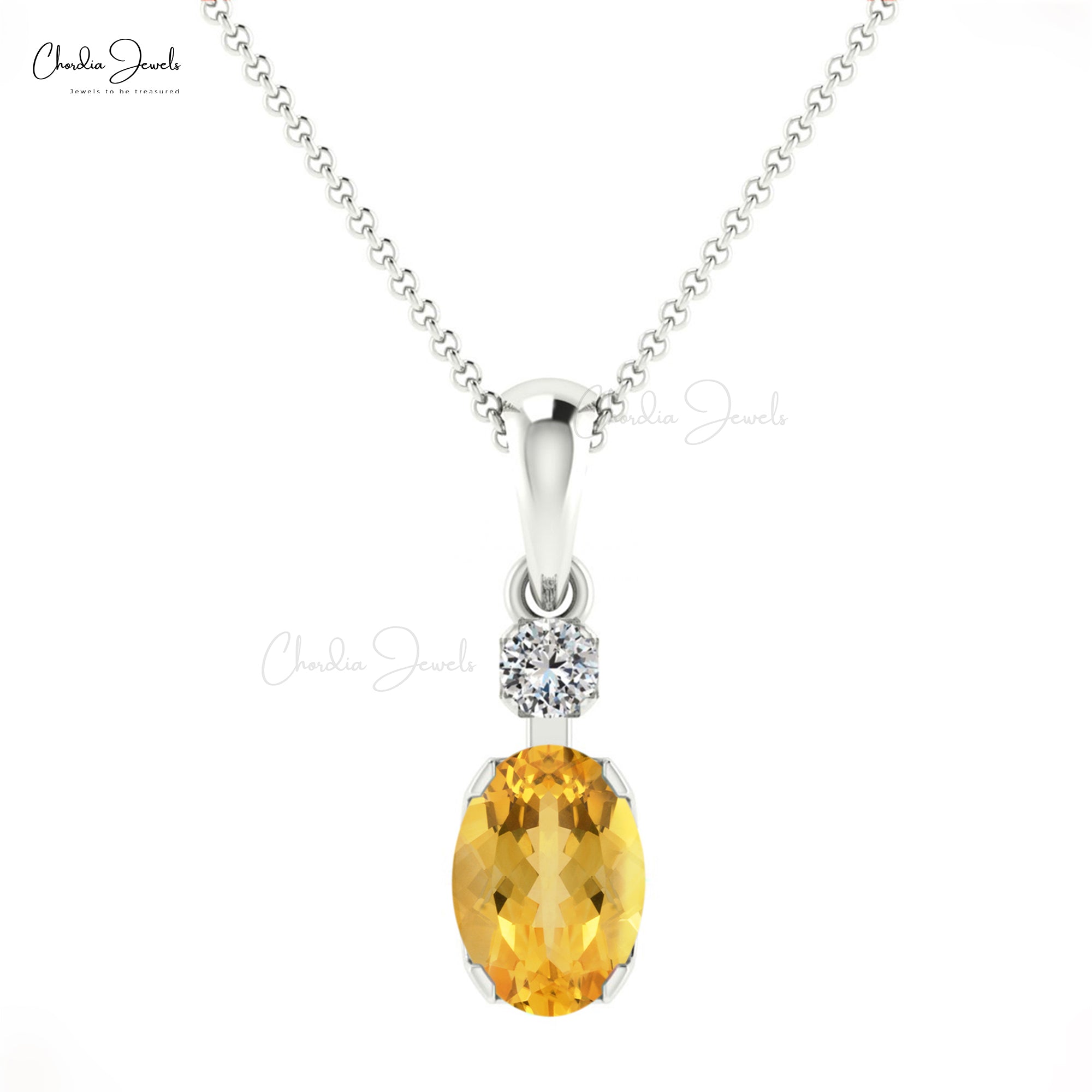 Genuine Citrine 7x5mm Gemstone And G-H Diamond 2 Stone Pendant in 14k Solid Gold