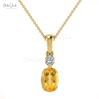 Genuine Citrine 7x5mm Gemstone And G-H Diamond 2 Stone Pendant in 14k Solid Gold