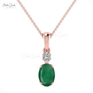 Accent Diamond Pendant With Emerald Gemstone 14k Solid Gold Solitaire Pendant For Women