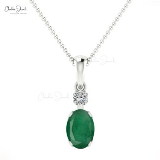 Accent Diamond Pendant With Emerald Gemstone 14k Solid Gold Solitaire Pendant For Women