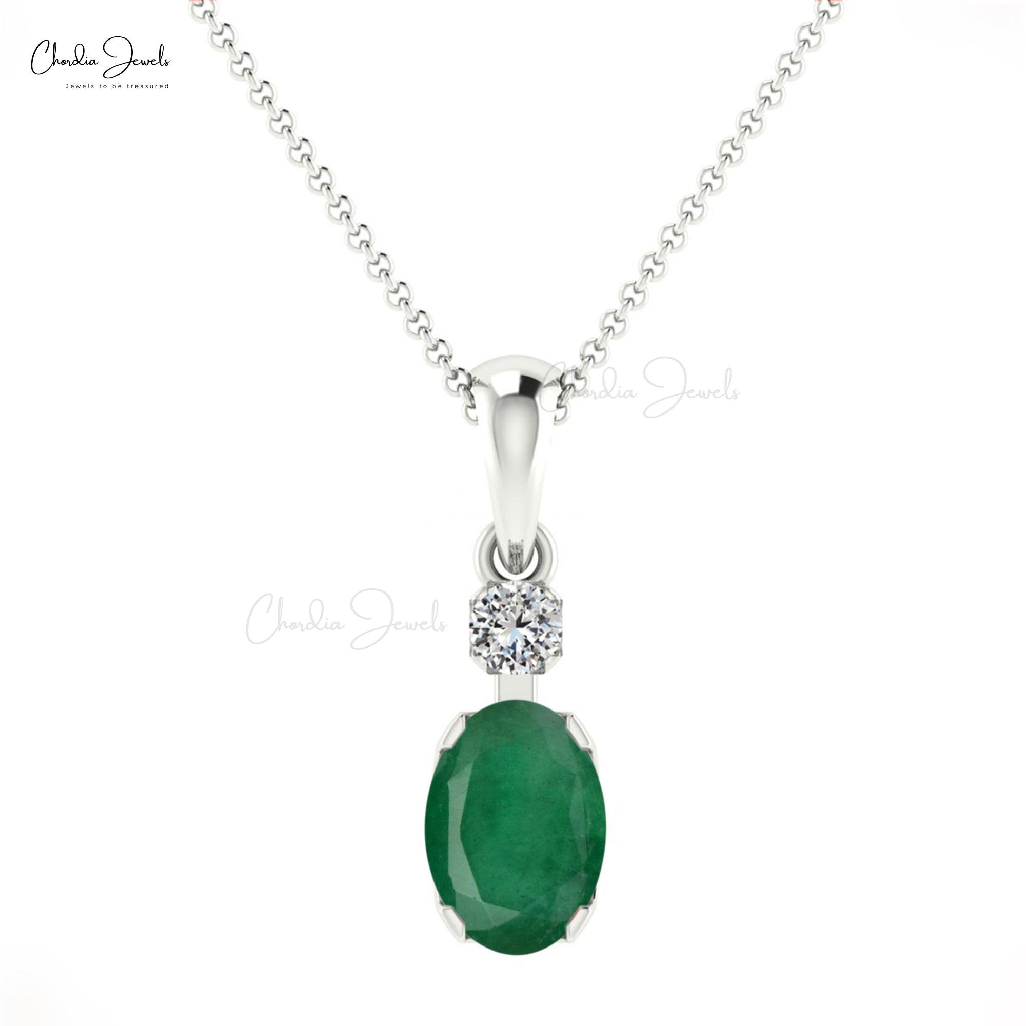 Accent Diamond Pendant With Emerald Gemstone 14k Solid Gold Solitaire Pendant For Women
