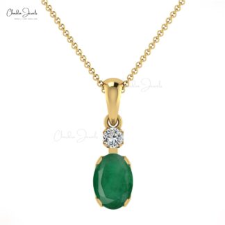 Accent Diamond Pendant With Emerald Gemstone 14k Solid Gold Solitaire Pendant For Women