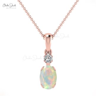 Double Birthstone Pendant in 0.47 Ct Opal Gemstone Diamond 14k Solid Gold Charm
