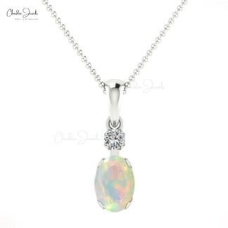 Double Birthstone Pendant in 0.47 Ct Opal Gemstone Diamond 14k Solid Gold Charm