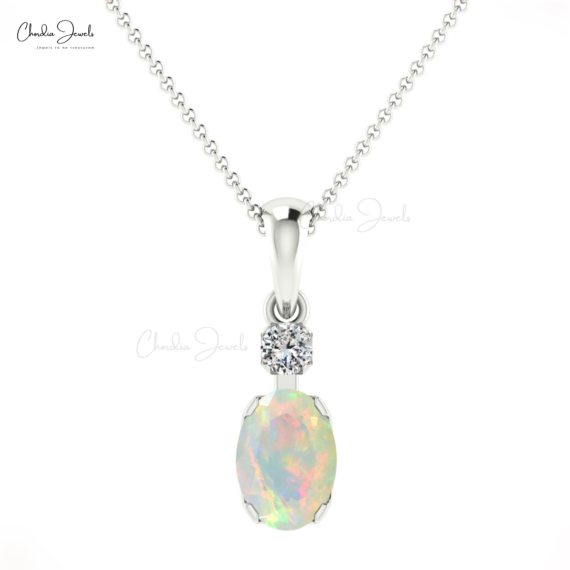 Double Birthstone Pendant in 0.47 Ct Opal Gemstone Diamond 14k Solid Gold Charm