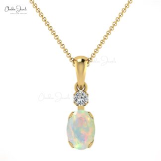 Double Birthstone Pendant in 0.47 Ct Opal Gemstone Diamond 14k Solid Gold Charm