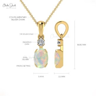 Double Birthstone Pendant in 0.47 Ct Opal Gemstone Diamond 14k Solid Gold Charm