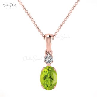 Oval Cut Dangle Charm in 14k Real Gold Peridot 7x5mm Gemstone And Diamond Pendant