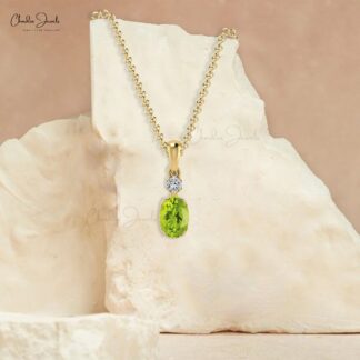 Oval Cut Dangle Charm in 14k Real Gold Peridot 7x5mm Gemstone And Diamond Pendant