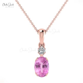 Dual Stone Dangle Pendant With 7x5mm Pink Sapphire 14k Solid Gold Pendant For Her
