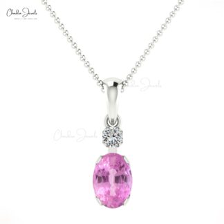 Dual Stone Dangle Pendant With 7x5mm Pink Sapphire 14k Solid Gold Pendant For Her