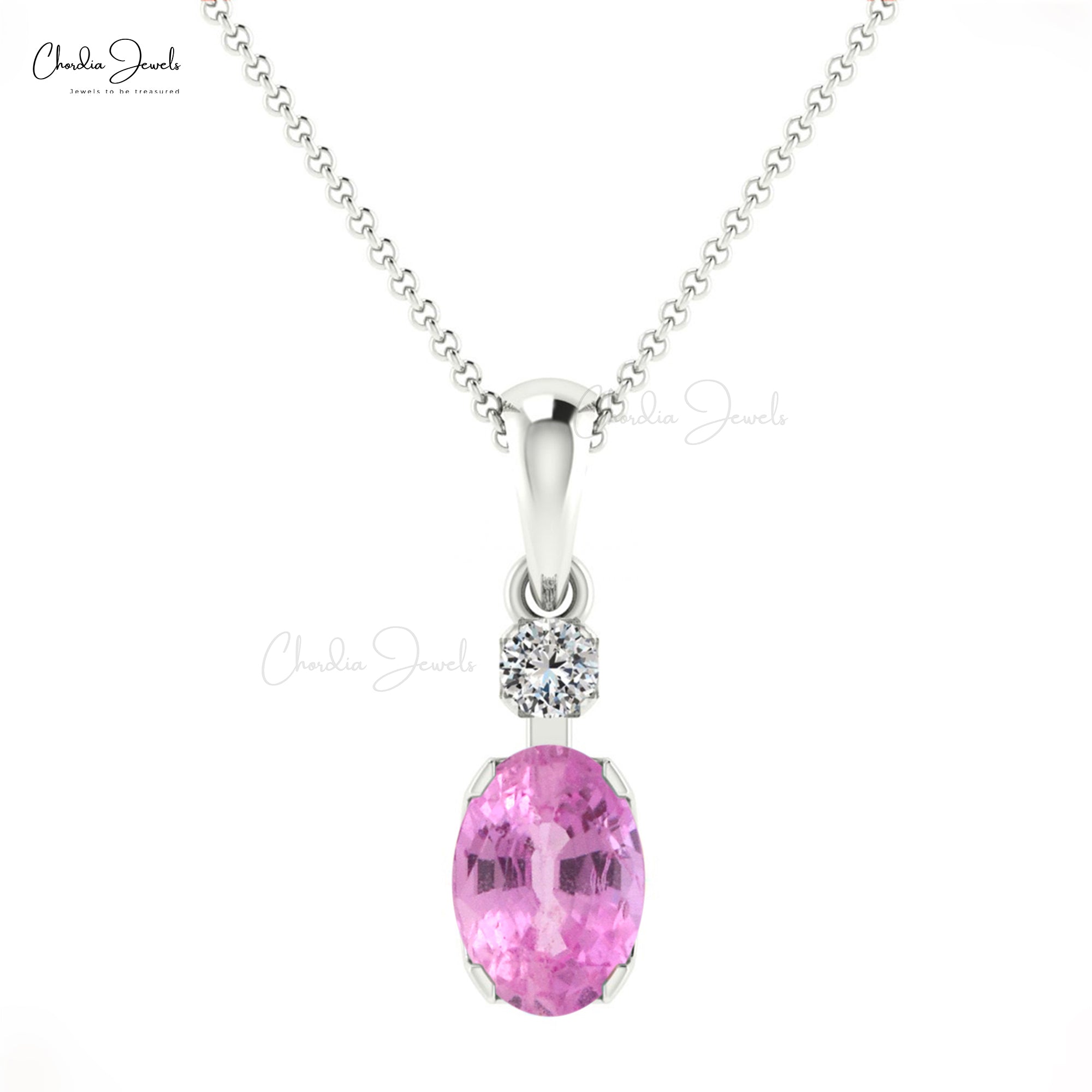 Dual Stone Dangle Pendant With 7x5mm Pink Sapphire 14k Solid Gold Pendant For Her