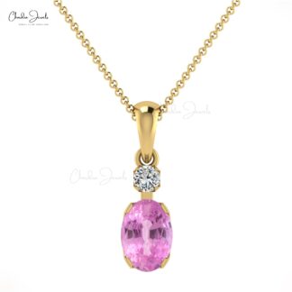 Dual Stone Dangle Pendant With 7x5mm Pink Sapphire 14k Solid Gold Pendant For Her