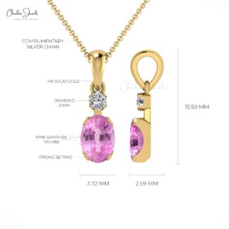 Dual Stone Dangle Pendant With 7x5mm Pink Sapphire 14k Solid Gold Pendant For Her