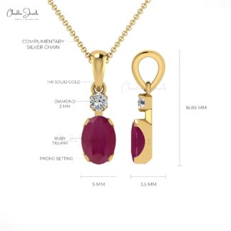 Natural Ruby and Round Diamond 14K Gold Pendant Necklace