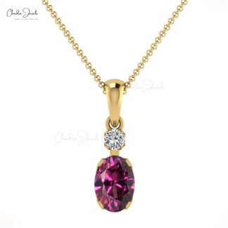 Solid 14k Gold 2 Stone Charm In 7x5mm Rhodolite Garnet Diamond Minimalist Pendant