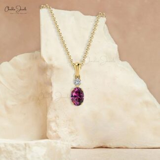 Solid 14k Gold 2 Stone Charm In 7x5mm Rhodolite Garnet Diamond Minimalist Pendant