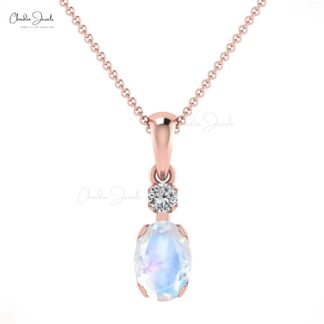 Solid 14k Gold 2 Stone Pendant in 0.47 Ct Rainbow Moonstone And Diamond Necklace