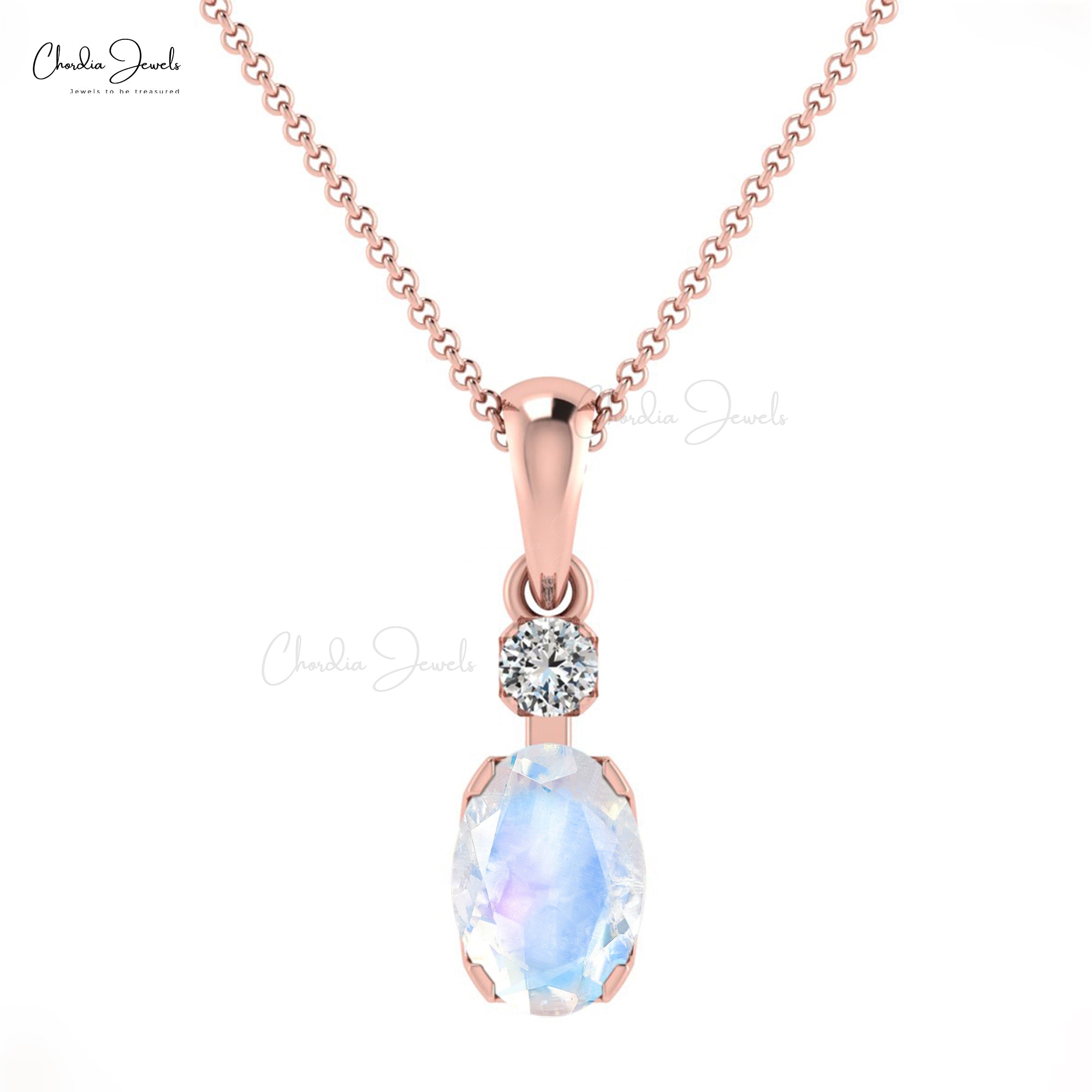 Solid 14k Gold 2 Stone Pendant in 0.47 Ct Rainbow Moonstone And Diamond Necklace