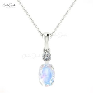 Solid 14k Gold 2 Stone Pendant in 0.47 Ct Rainbow Moonstone And Diamond Necklace