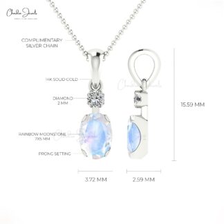 Solid 14k Gold 2 Stone Pendant in 0.47 Ct Rainbow Moonstone And Diamond Necklace