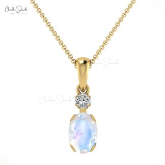 Solid 14k Gold 2 Stone Pendant in 0.47 Ct Rainbow Moonstone And Diamond Necklace