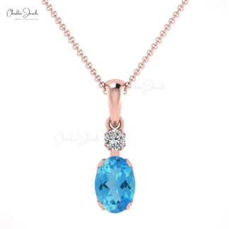 Natural Swiss Blue Topaz 1 Ct Gemstone and Diamond 14k Real Gold 2 Stone Pendant