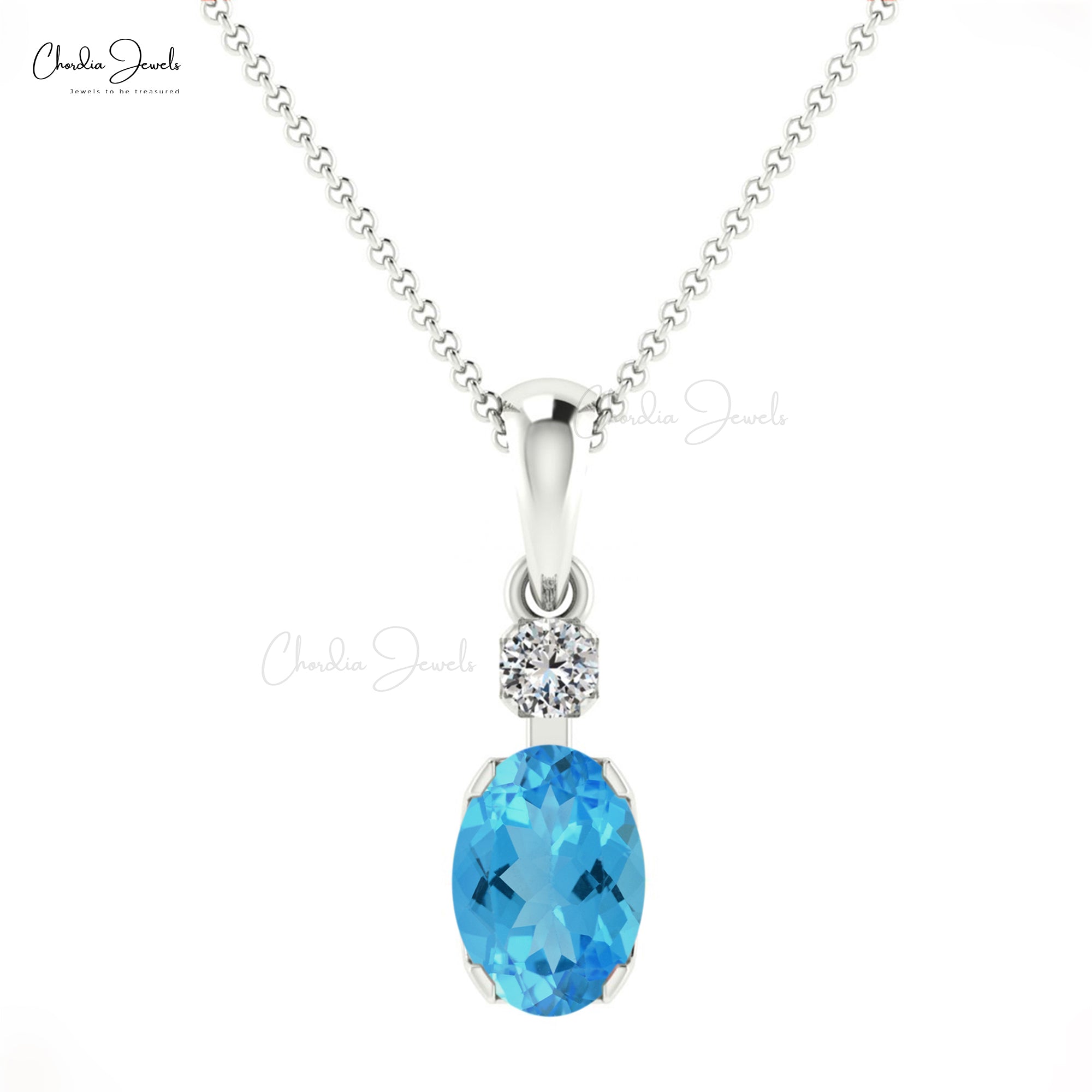 Natural Swiss Blue Topaz 1 Ct Gemstone and Diamond 14k Real Gold 2 Stone Pendant