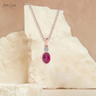 Dual Birthstone Pendant With 7x5mm Pink Tourmaline And Diamond 14k Rose Gold Necklace