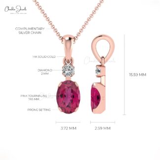 Dual Birthstone Pendant With 7x5mm Pink Tourmaline And Diamond 14k Rose Gold Necklace