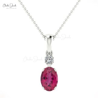 Dangle 2 Stone Pendant In Real 14k White Gold Pink Tourmaline And 2mm Diamond Necklace