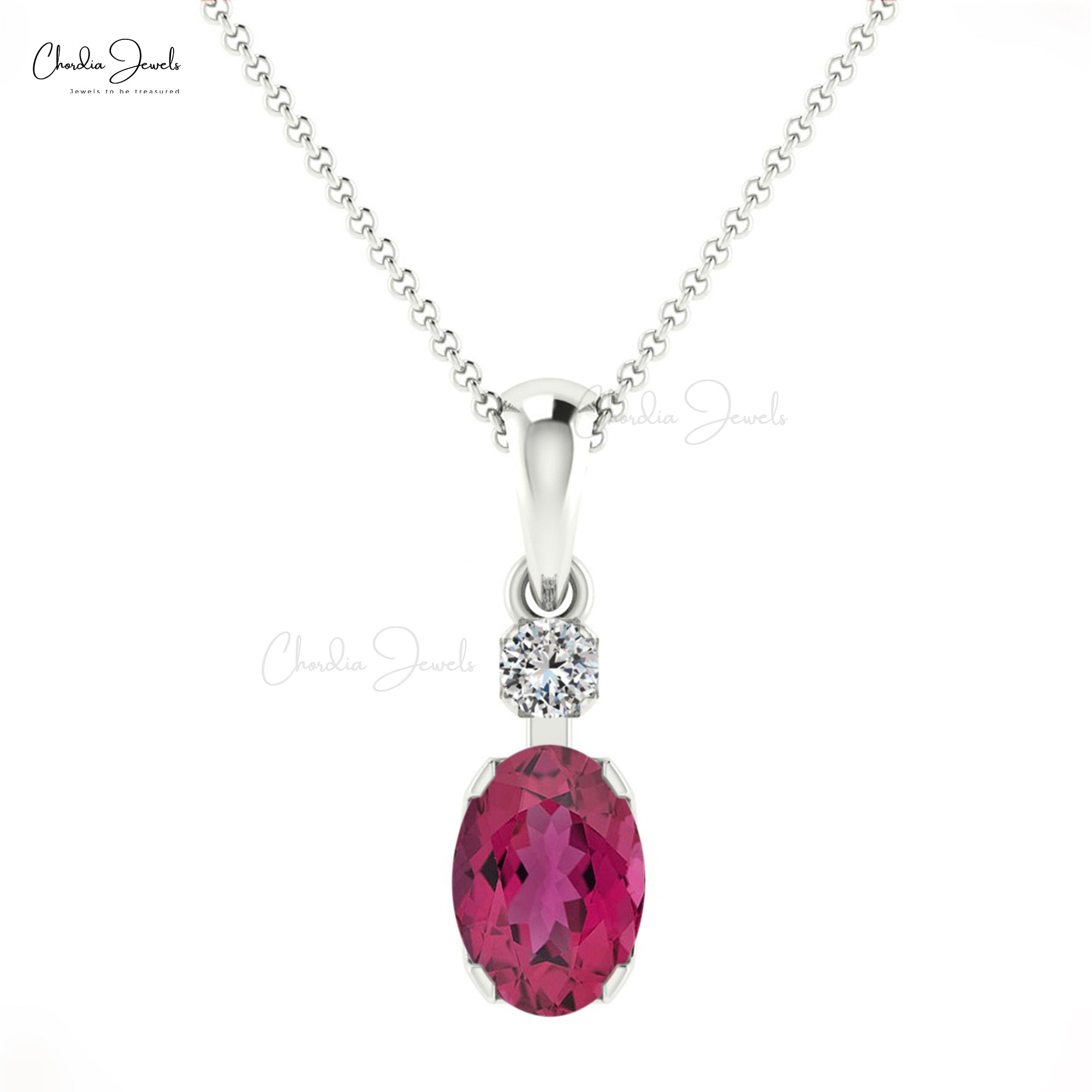 Dangle 2 Stone Pendant In Real 14k White Gold Pink Tourmaline And 2mm Diamond Necklace