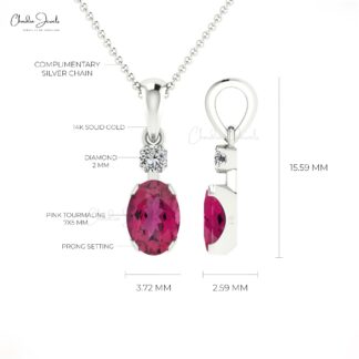 Dangle 2 Stone Pendant In Real 14k White Gold Pink Tourmaline And 2mm Diamond Necklace