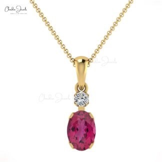 Double Stone Dangle Pendant in 14k Solid Gold Pink Tourmaline And Diamond Minimalist Pendant