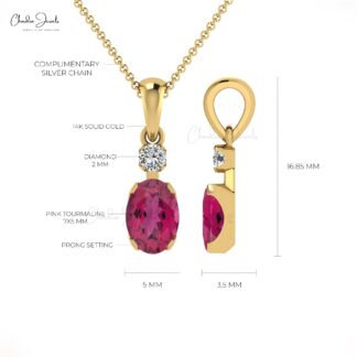 Double Stone Dangle Pendant in 14k Solid Gold Pink Tourmaline And Diamond Minimalist Pendant