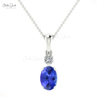 Classic Blue Tanzanite and Diamond Accented Dainty Pendant in 14k Real Gold Oval Gemstone Minimalist Pendant For Fiance Gift