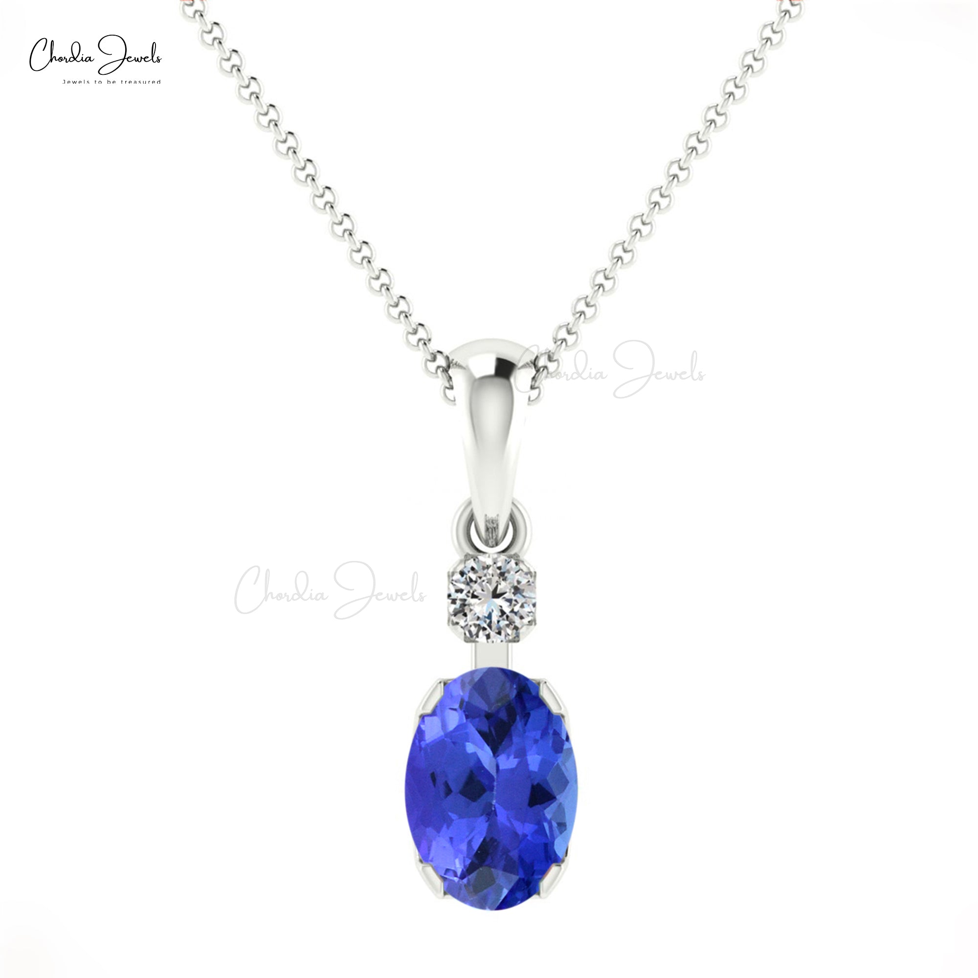 Classic Blue Tanzanite and Diamond Accented Dainty Pendant in 14k Real Gold Oval Gemstone Minimalist Pendant For Fiance Gift