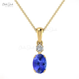Classic Blue Tanzanite and Diamond Accented Dainty Pendant in 14k Real Gold Oval Gemstone Minimalist Pendant For Fiance Gift
