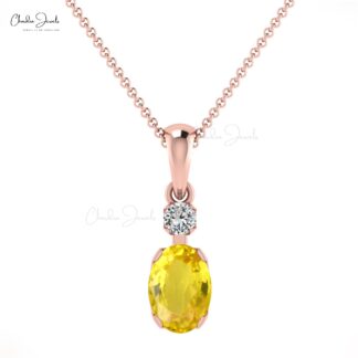 Real 14k Gold Dangle Pendant In 7x5mm Yellow Sapphire And Diamond Minimal Necklace