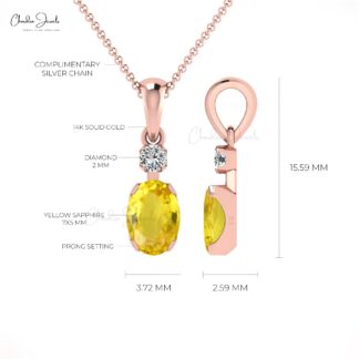 Real 14k Gold Dangle Pendant In 7x5mm Yellow Sapphire And Diamond Minimal Necklace