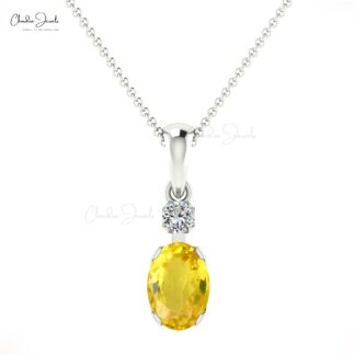 Real 14k Gold Dangle Pendant In 7x5mm Yellow Sapphire And Diamond Minimal Necklace