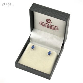 Natural Blue Sapphire White Gold Half Halo Studs Earrings, September Birthstone Blue Sapphire 14K White Gold Diamond Halo Stud Earrings, Blue Sapphire Handmade Studs