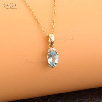 Natural Aquamarine 0.75 Ct Gemstone and Halfway Diamond 14k Real Gold Unique Pendant