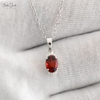 Double Birthstone Pendant With 7x5mm Garnet & Half Halo Diamond 14k White Gold Necklace